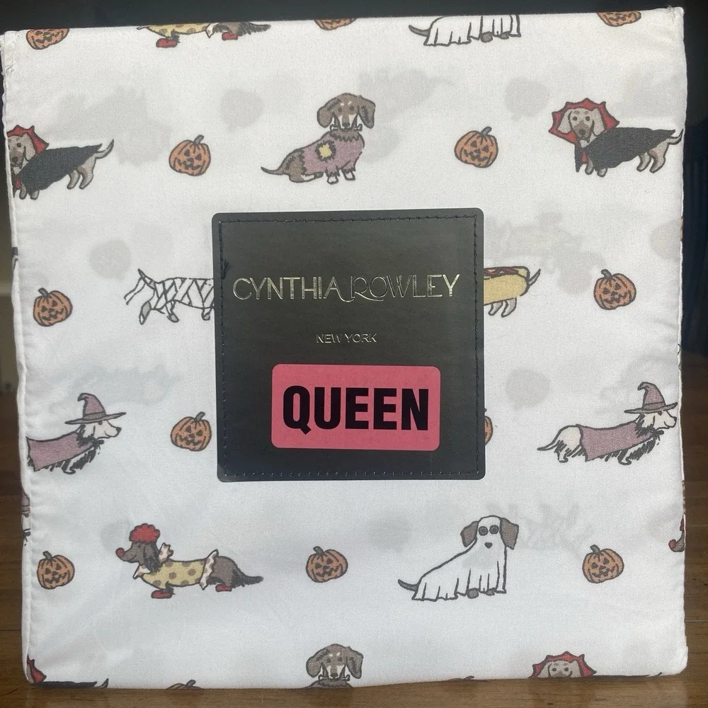 Cynthia Rowley Queen Sheet Set Halloween Dachshund Weiner Dog Costume Pumpkin